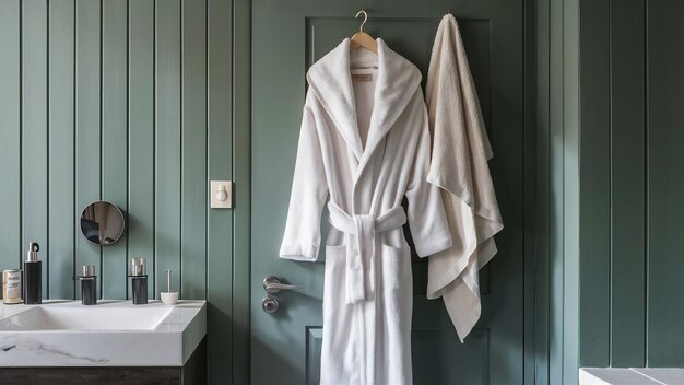 Un peignoir doux et confortable et une serviette accrochées à la porte dans un intérieur élégant