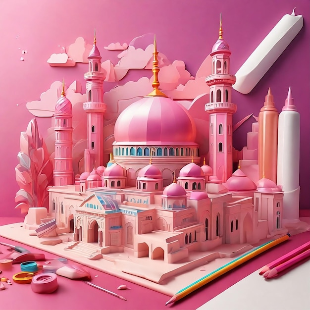 Photo peindre l'architecture de la mosquée avec un fond rose pour célébrer un événement islamique