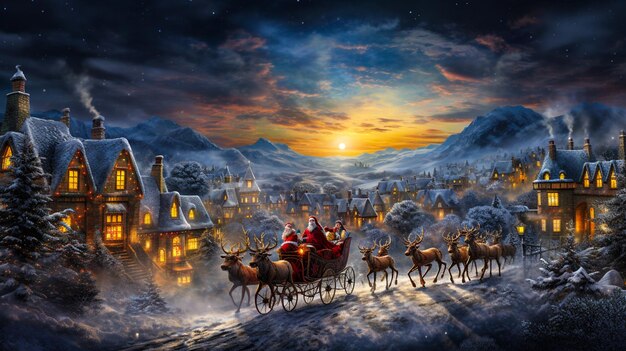 Peindre un fond magique de Noël avec le Père Noël et les rennes en vol