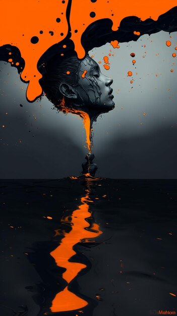 de peindre le visage d'un homme avec un liquide orange qui en sort