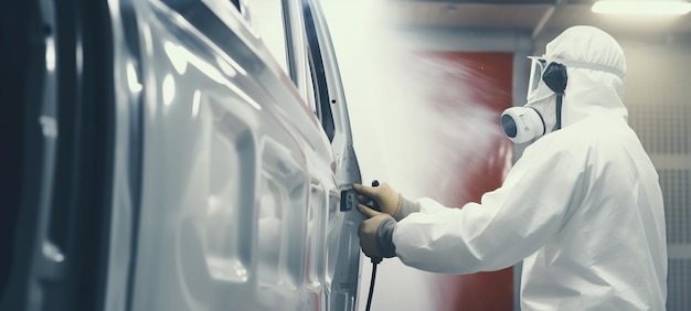 Un peintre automatique pulvérise de la peinture blanche sur la porte de la voiture