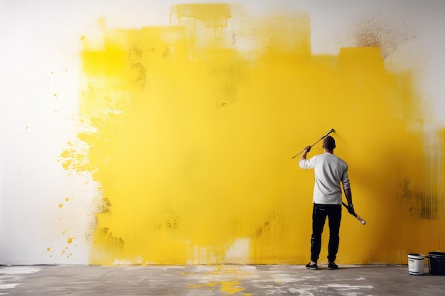 Peintre peignant un mur en jaune avec son rouleau de peinture