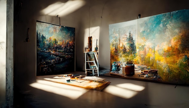 Un peintre peint un tableau dans son atelier d'artiste