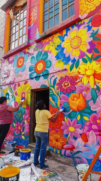 Photo les peintres décorant une façade couleurs vives touche esthétique revitalisante