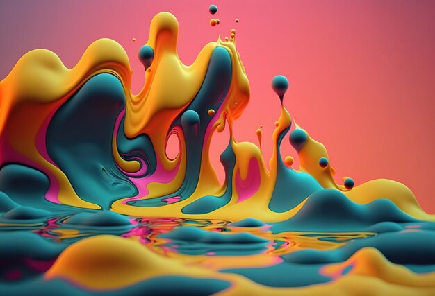 Peinture 3D d'éclaboussures de liquide de couleur Art graphique Jaune bleu teal bleu rose bulle d'encre conception de surface