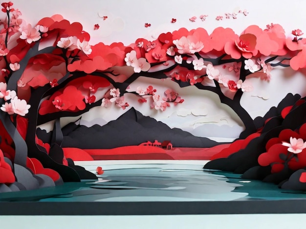 Peinture 3D en noir et bleu de la floraison des cerisiers scène de printemps paysage de lac de papercraft