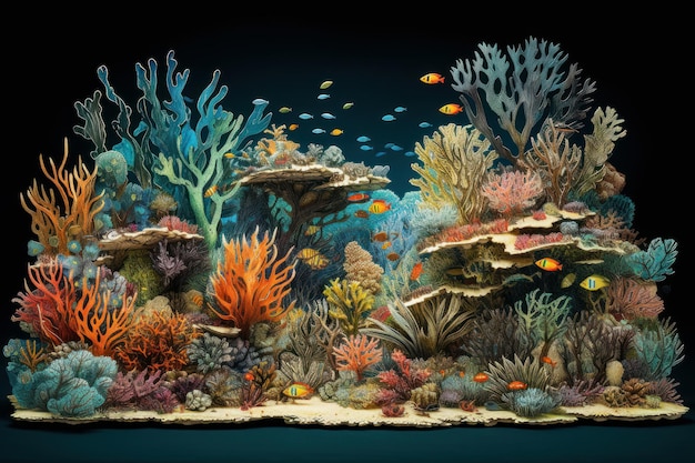 Une peinture 3d d'un récif corallien avec un poisson dessus.