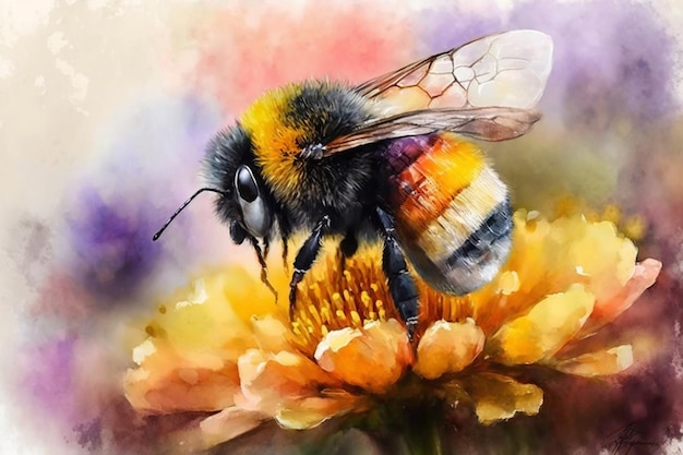 Une peinture d'une abeille sur une fleur