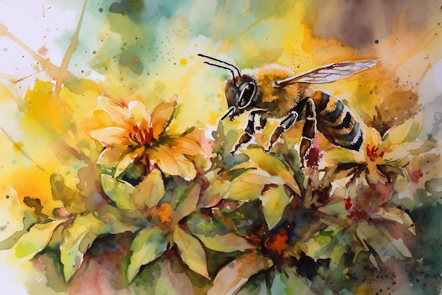 Une peinture d'une abeille sur une fleur