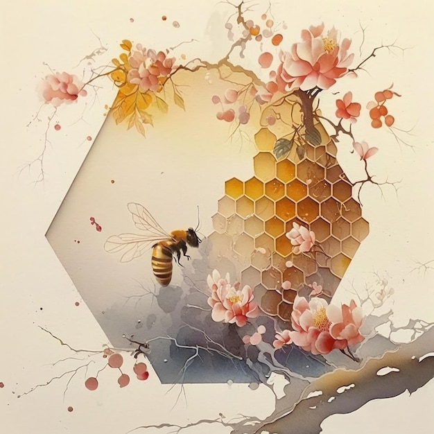 Une peinture d'une abeille et de fleurs avec une abeille dessus