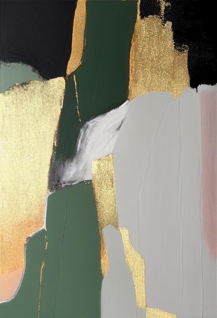 Une peinture d'un abstrait vert et blanc avec de la peinture or et blanche.