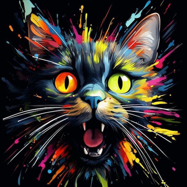 Peinture abstraite 2D choc chat fond noir IA générative