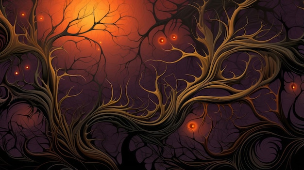 une peinture abstraite d'un arbre aux yeux brillants