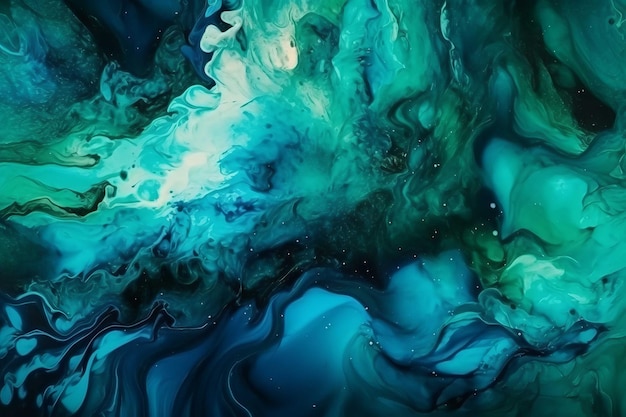 Une peinture abstraite bleue et verte avec un design tourbillonnant.