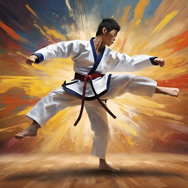 Une peinture abstraite capturant l'intensité d'un combattant de taekwondo exécutant un coup de pied haut