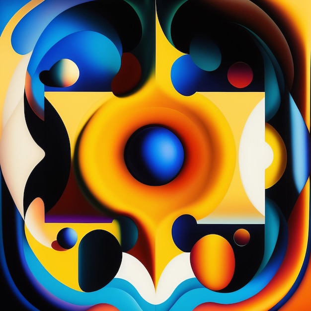 Une peinture abstraite avec un cercle jaune et des cercles bleus.