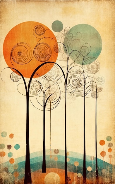Peinture abstraite chaotique d'arbres fleurs et plantes