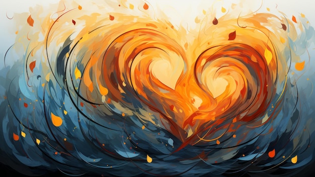 une peinture abstraite d'un cœur avec des flammes qui en sortent