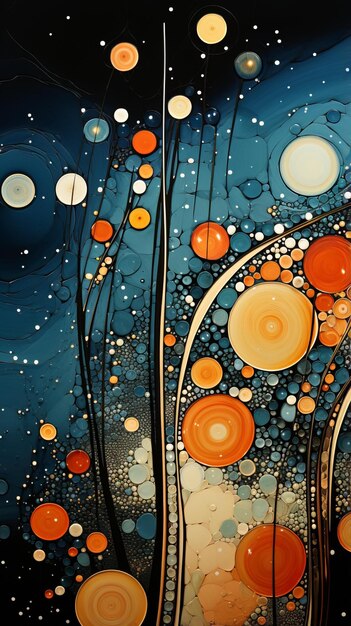 Peinture abstraite colorée avec des cercles et des spirales bleus et orange