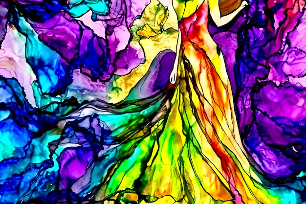 Une peinture abstraite colorée d'une femme vêtue d'une robe.