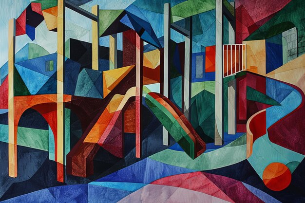 Peinture abstraite colorée avec des formes géométriques des couleurs vives et des motifs dynamiques créant une composition visuelle frappante