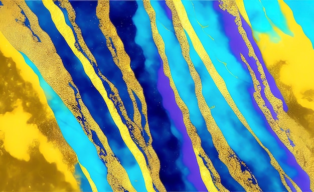 Une peinture abstraite colorée avec des rayures dorées et bleues.