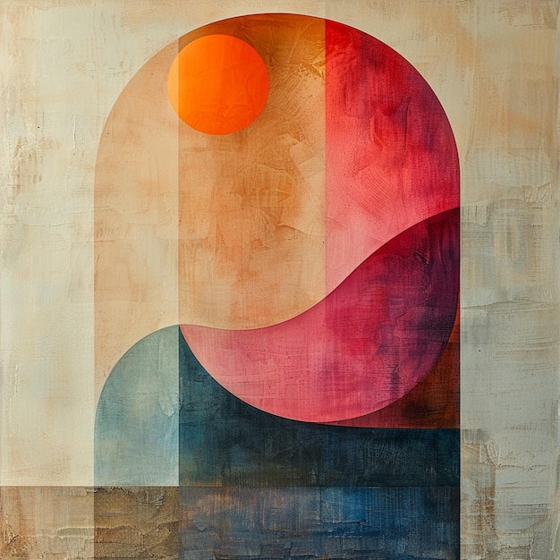 une peinture abstraite colorée d'un soleil et d'un cercle bleu et orange
