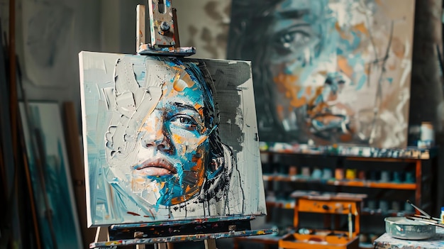 Photo une peinture abstraite du visage d'une femme la peinture est pleine de couleurs vives et a beaucoup de texture
