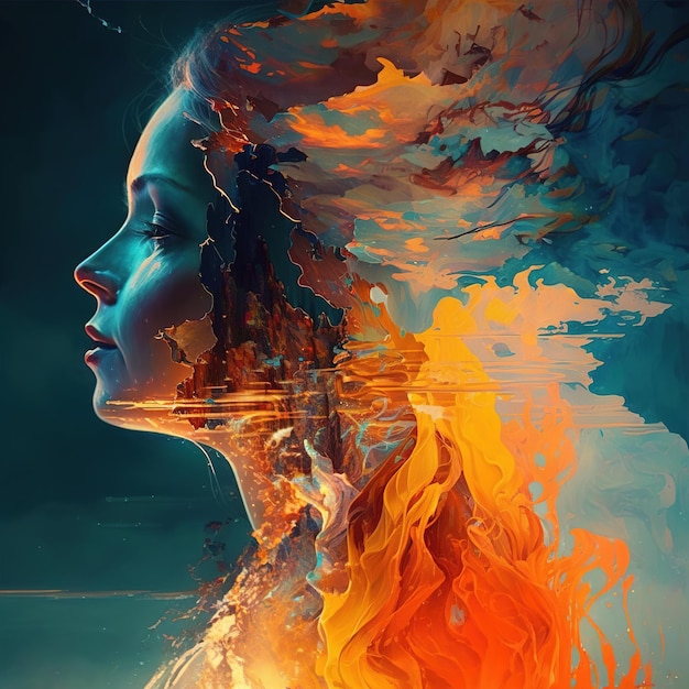 Peinture abstraite d'une femme avec le feu