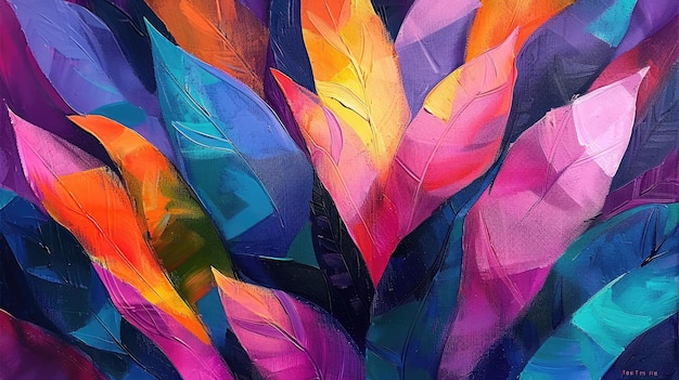 Peinture abstraite de feuillage coloré avec des feuilles roses et orange vives
