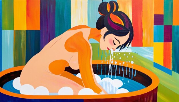 Peinture abstraite d'une jeune femme se baignant dans un bain