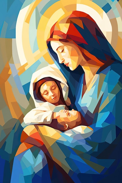 Une peinture abstraite de Marie avec Jésus dans le style de Tom Whalen