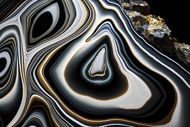 Une peinture abstraite noire et or d'un rocher avec un tourbillon noir et or.