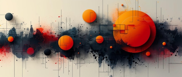 Peinture abstraite d'oranges et de boules noires