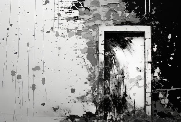 Photo peinture abstraite d'une porte avec des morceaux de papier contre un mur dans le style de noir inversé et.