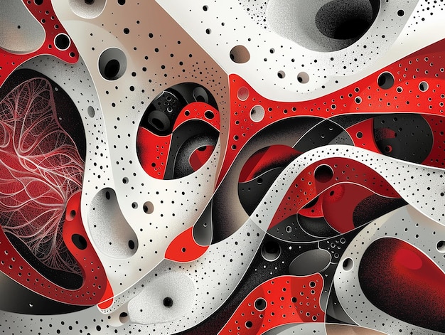 Photo peinture abstraite rouge et blanche avec des points noirs