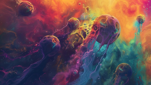 Peinture abstraite surréaliste Des créatures colorées ressemblant à des méduses flottent dans une mer de couleurs vives