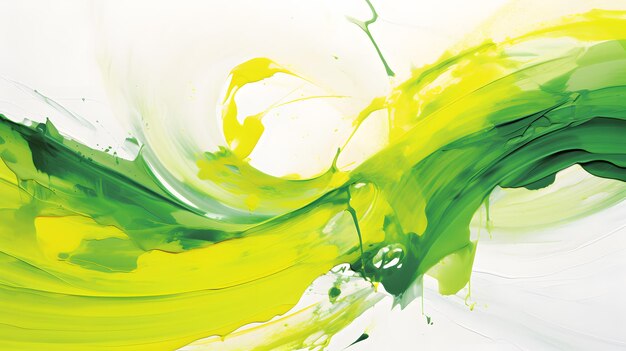 Une peinture abstraite verte et jaune sur un fond blanc