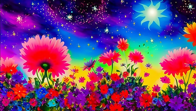 Une peinture abstraite vibrante d’un jardin fleuri avec un ciel étoilé lumineux