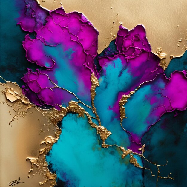 Peinture abstraite violette et bleue avec feuille d'or ai générative