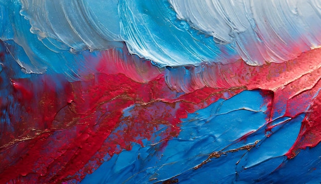 Peinture acrylique abstraite colorée sur toile, couleurs bleues et rouges rapprochées avec de la feuille dorée