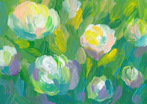 Peinture acrylique d'art de fleurs de pivoine pastel colorées. Illustration florale peinte à la main