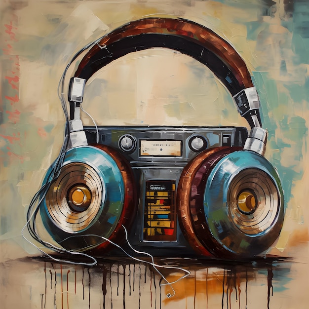 Une peinture acrylique d'une boombox avec une étiquette rouge qui dit "radio"