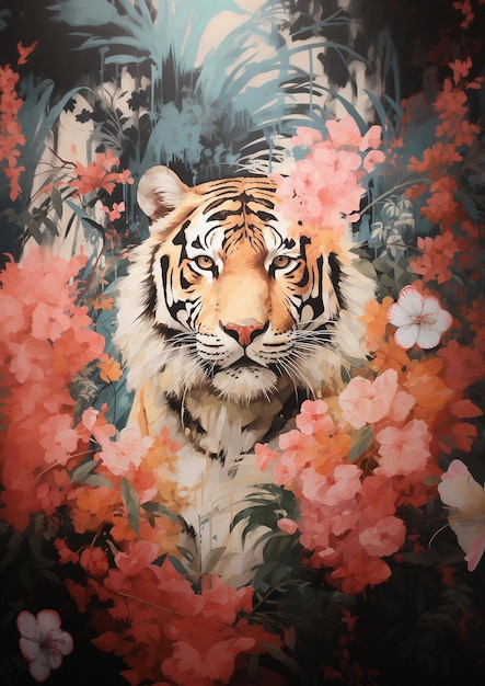 Photo peinture acrylique d'un tigre en fleurs