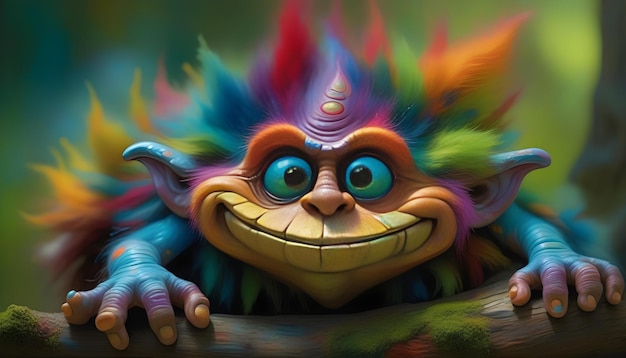 Une peinture acrylique d'un troll coloré et unique avec des yeux hypnotisants