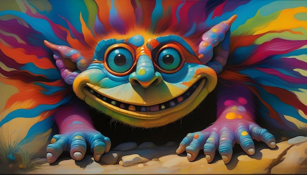 Une peinture acrylique d'un troll coloré et unique avec des yeux hypnotisants