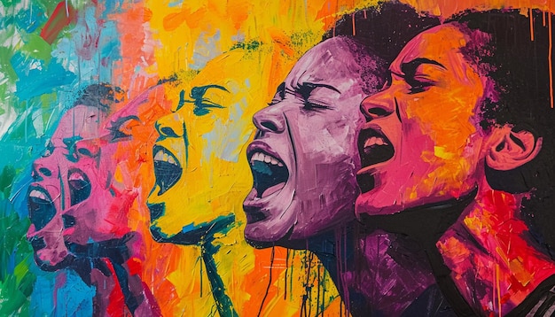 Une peinture acrylique vibrante capturant l'énergie et la passion d'une manifestation dirigée par des femmes