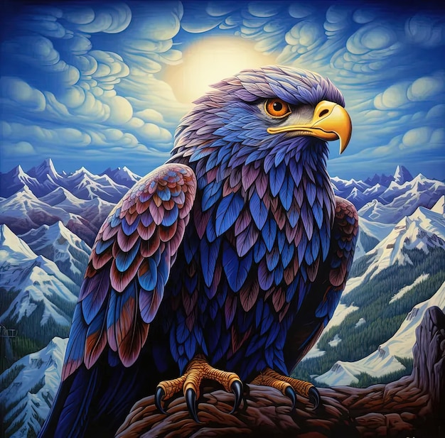 Une peinture d'un aigle assis sur une branche d'arbre