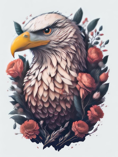 Une peinture d'un aigle avec un bec jaune et une fleur rouge sur le fond.