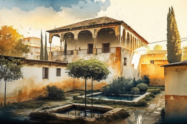 Peinture de l'Alhambra Grenade peinte à l'aquarelle Créé avec la technologie générative AI